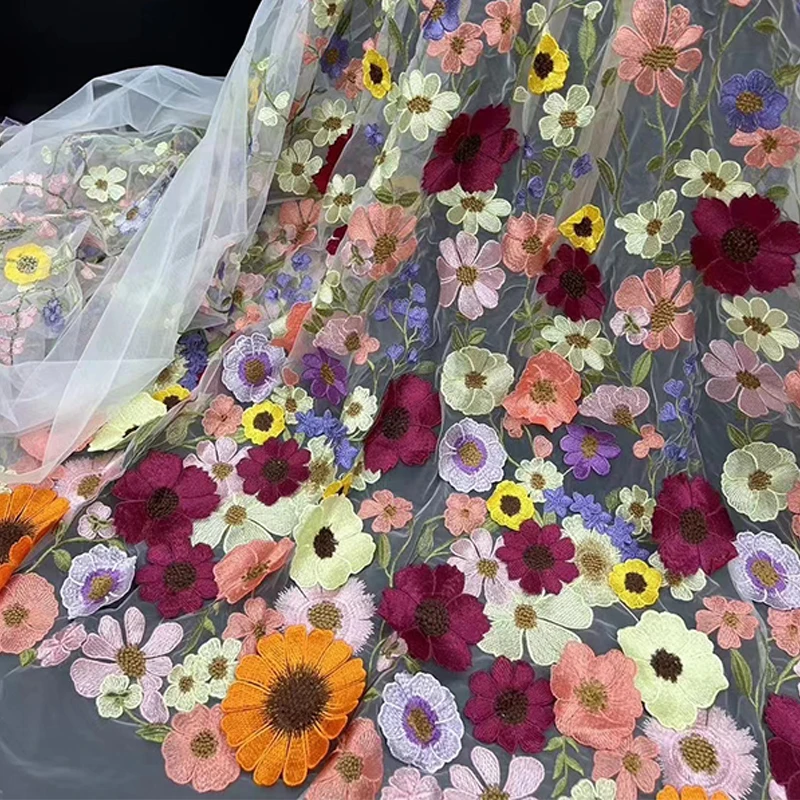 Colorful 3D Flower Embroidered Tulle Fabric Diy Wedding Dress Cloth Textile Mesh Luxury Flower Patch Sewing Lace Fabrics By Yard