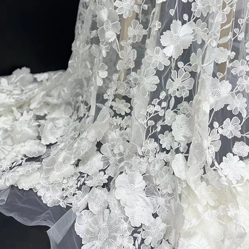 Colorful 3D Flower Embroidered Tulle Fabric Diy Wedding Dress Cloth Textile Mesh Luxury Flower Patch Sewing Lace Fabrics By Yard