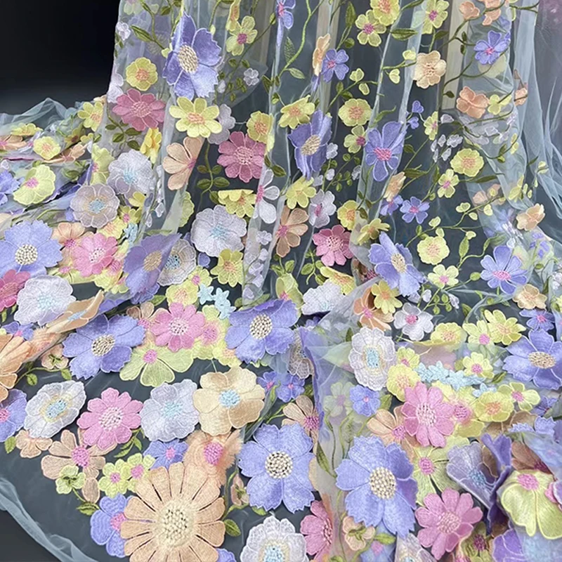 Colorful 3D Flower Embroidered Tulle Fabric Diy Wedding Dress Cloth Textile Mesh Luxury Flower Patch Sewing Lace Fabrics By Yard