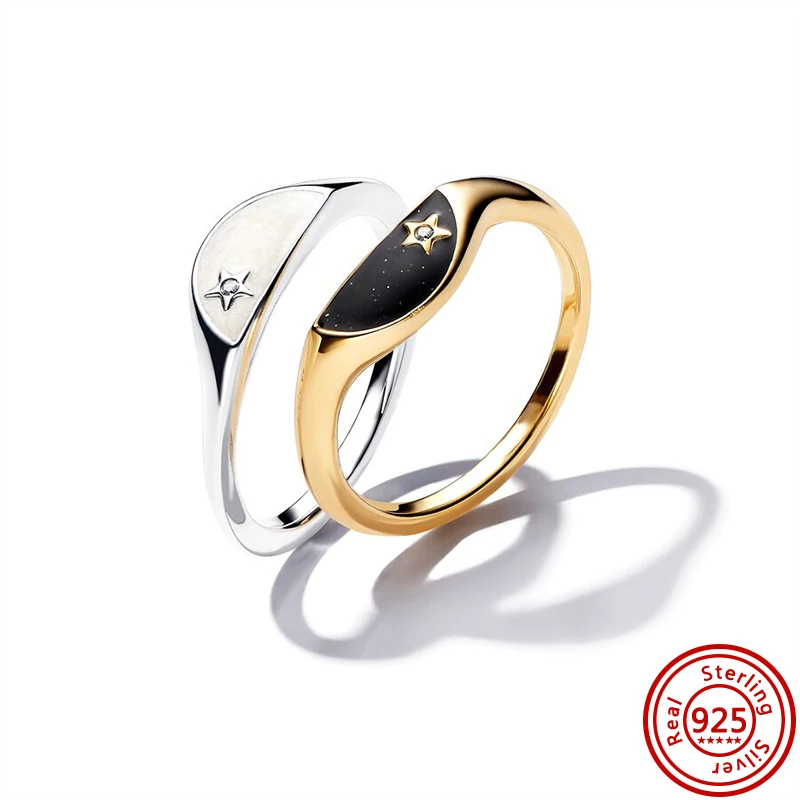 New 925 Sterling Silver Sparkling Golden Ring Love Zircon Pearl Black And White Stars Two Piece Set Charm Rings Jewelry Gift
