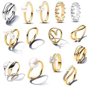 New 925 Sterling Silver Sparkling Golden Ring Love Zircon Pearl Black And White Stars Two Piece Set Charm Rings Jewelry Gift