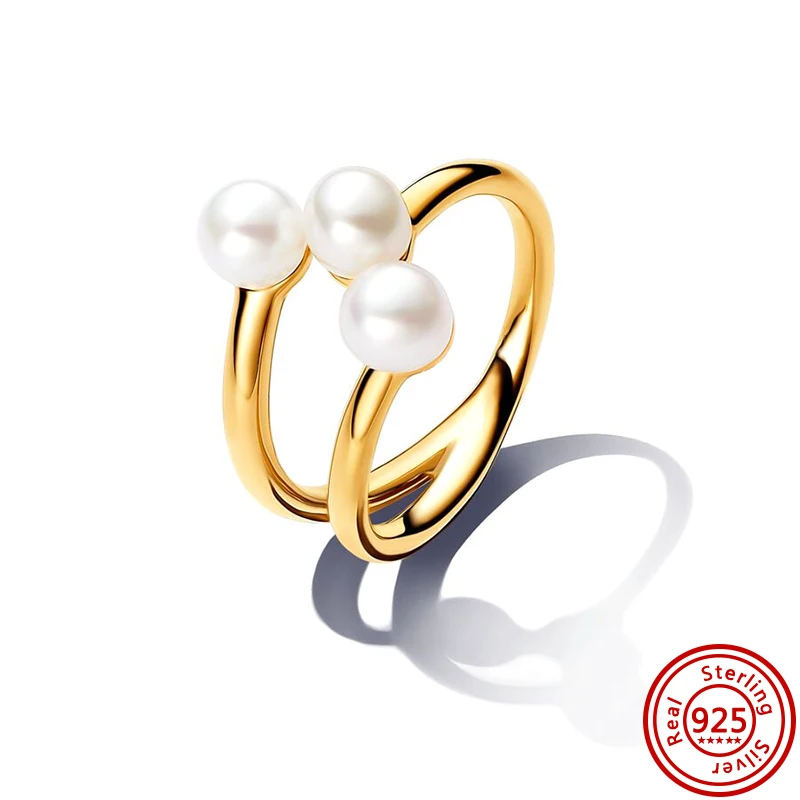 New 925 Sterling Silver Sparkling Golden Ring Love Zircon Pearl Black And White Stars Two Piece Set Charm Rings Jewelry Gift