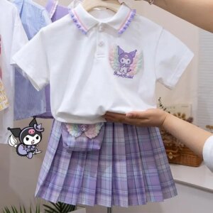 Anime Kuromi Child Short Sleeve Shorts Set Kawaii Sanrios Girls Jk Skirt Suit College Jk Pleated Skirt Summer Children's Clothes