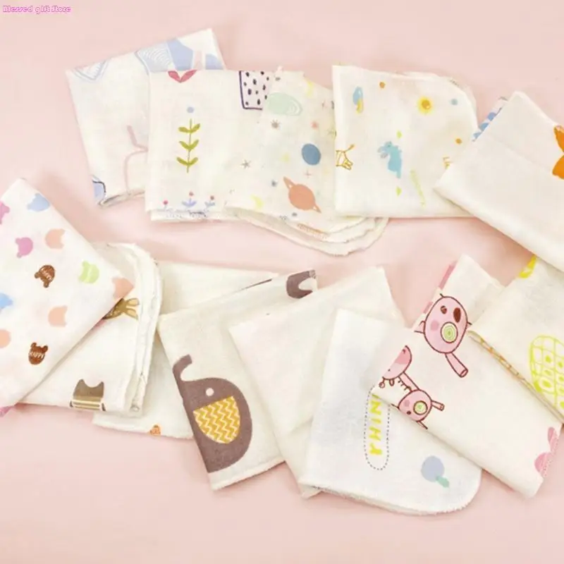D0JC 10Pcs 20x20cm Baby Washcloths Set Cartoon Print Double Layer Gauze Infant Face Towel Reusable Wipes Absorbent Square