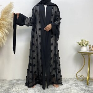 Muslim Three-dimensional Flower Mesh Loose Lace-up Long-sleeved Cardigan Robe Female Abaya Open Loose Cardigan