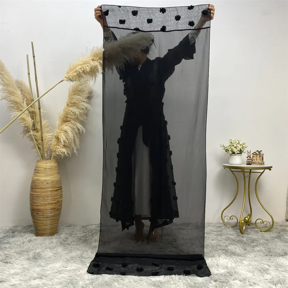 Muslim Three-dimensional Flower Mesh Loose Lace-up Long-sleeved Cardigan Robe Female Abaya Open Loose Cardigan