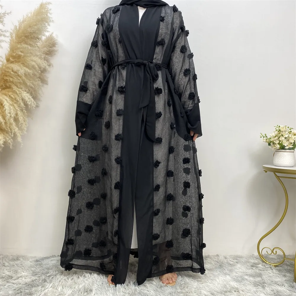 Muslim Three-dimensional Flower Mesh Loose Lace-up Long-sleeved Cardigan Robe Female Abaya Open Loose Cardigan