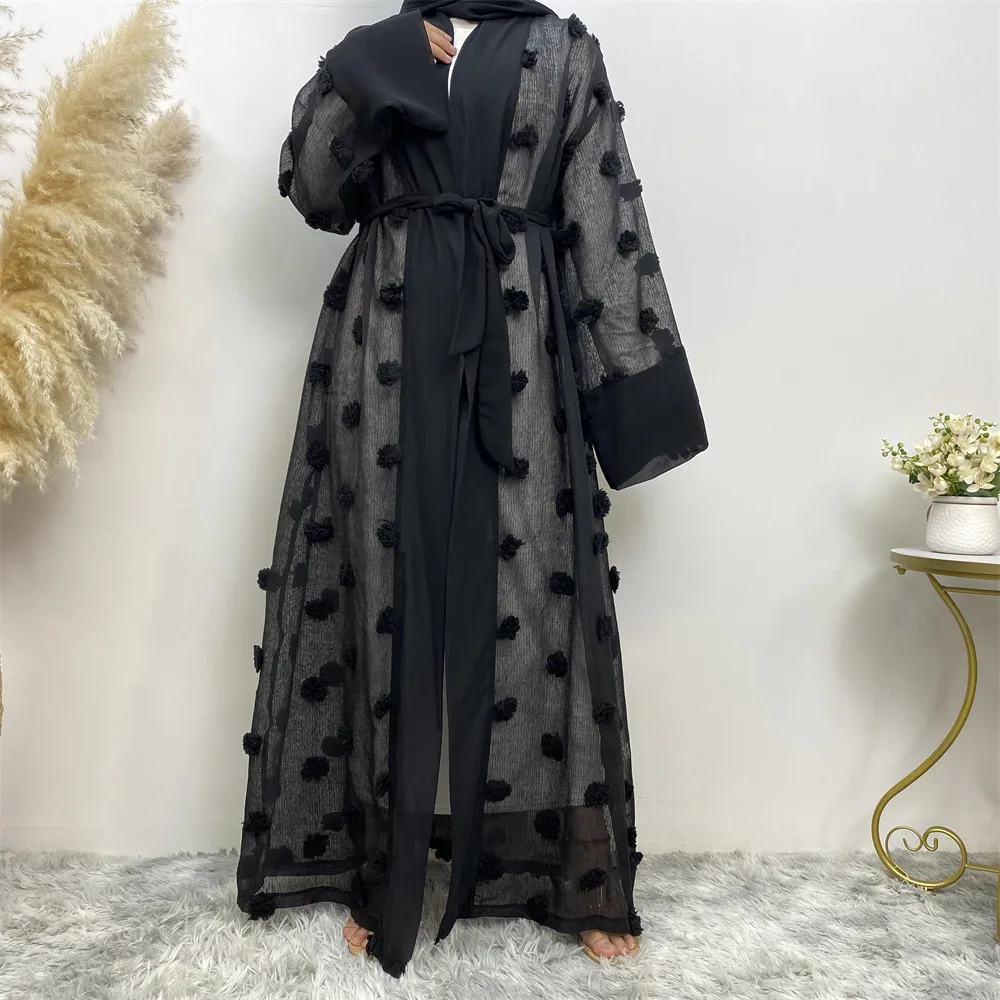 Muslim Three-dimensional Flower Mesh Loose Lace-up Long-sleeved Cardigan Robe Female Abaya Open Loose Cardigan