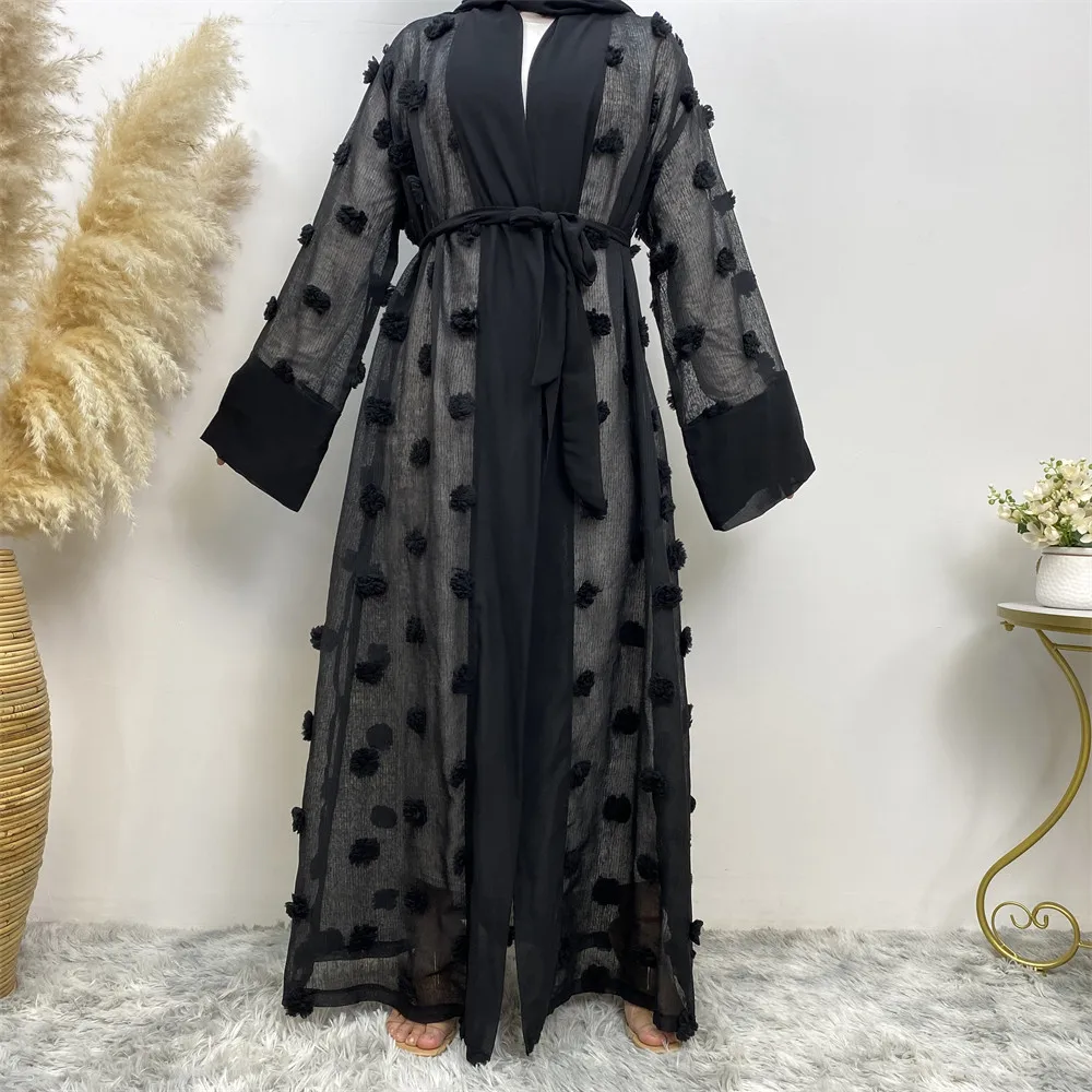 Muslim Three-dimensional Flower Mesh Loose Lace-up Long-sleeved Cardigan Robe Female Abaya Open Loose Cardigan