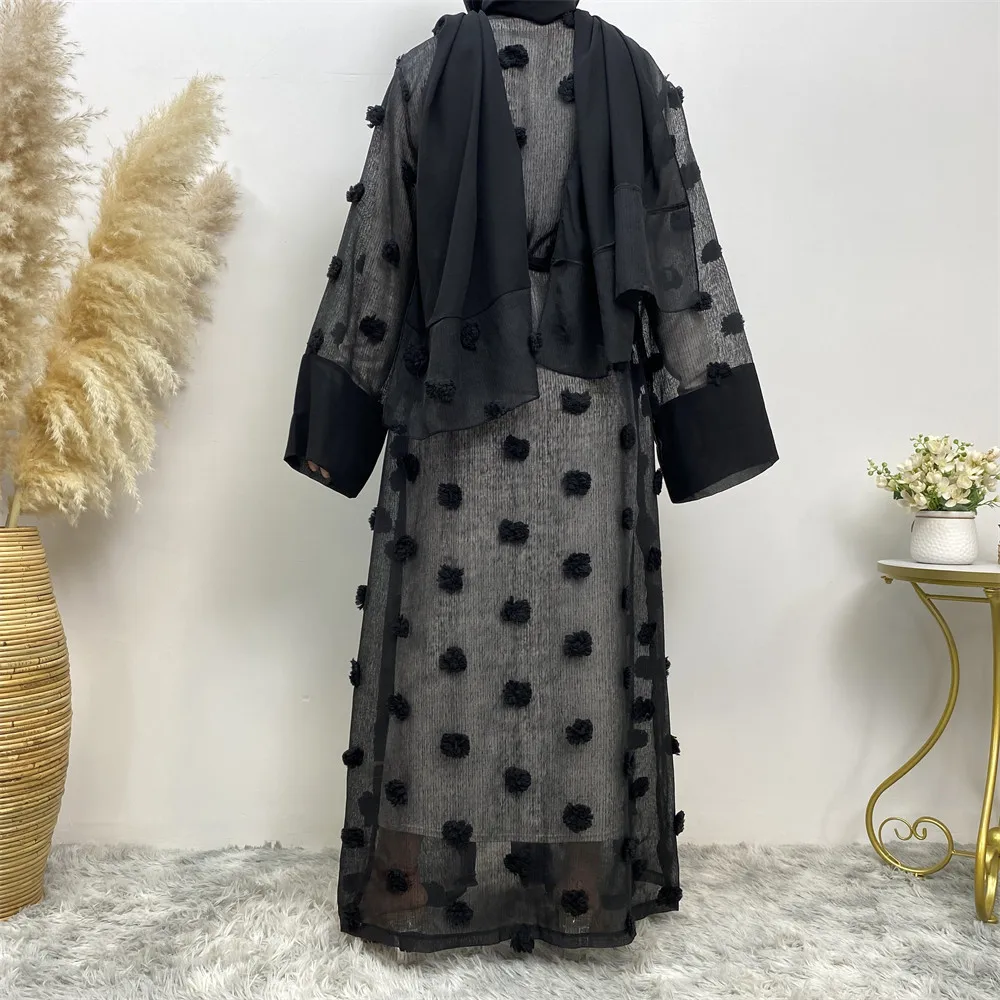 Muslim Three-dimensional Flower Mesh Loose Lace-up Long-sleeved Cardigan Robe Female Abaya Open Loose Cardigan