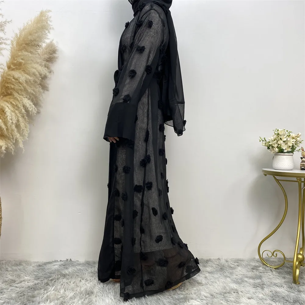Muslim Three-dimensional Flower Mesh Loose Lace-up Long-sleeved Cardigan Robe Female Abaya Open Loose Cardigan