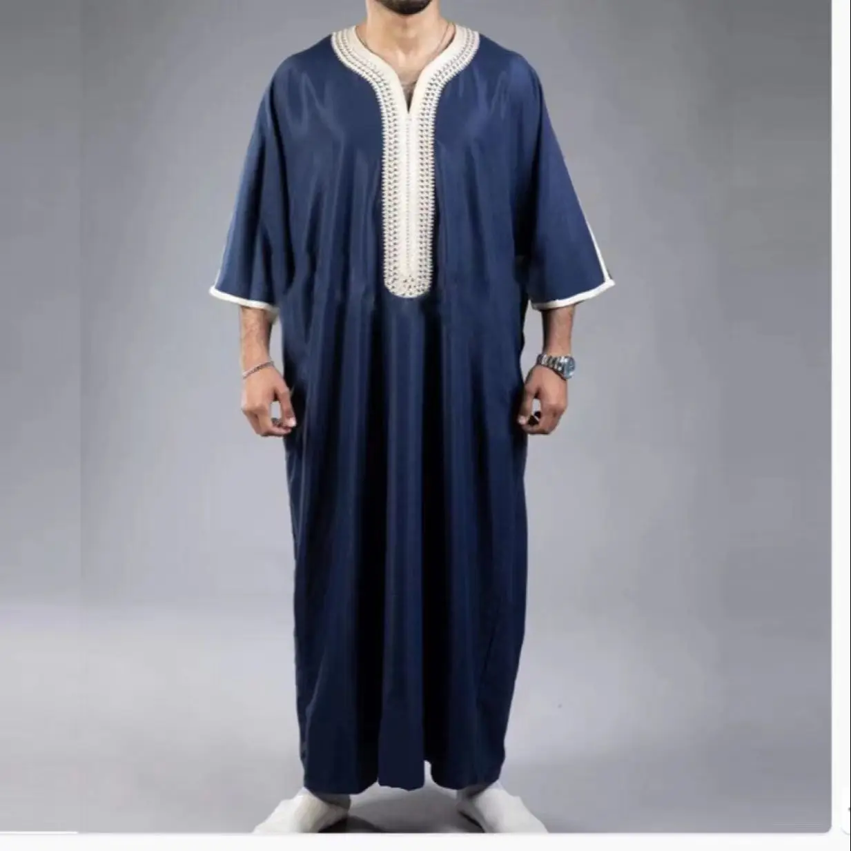 Summer 2025 Kaftan Muslim Men's Short Sleeve Embroidered Loose Casual Robe Breathable Islamic Abaya for Men