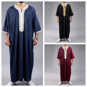 Summer 2025 Kaftan Muslim Men's Short Sleeve Embroidered Loose Casual Robe Breathable Islamic Abaya for Men