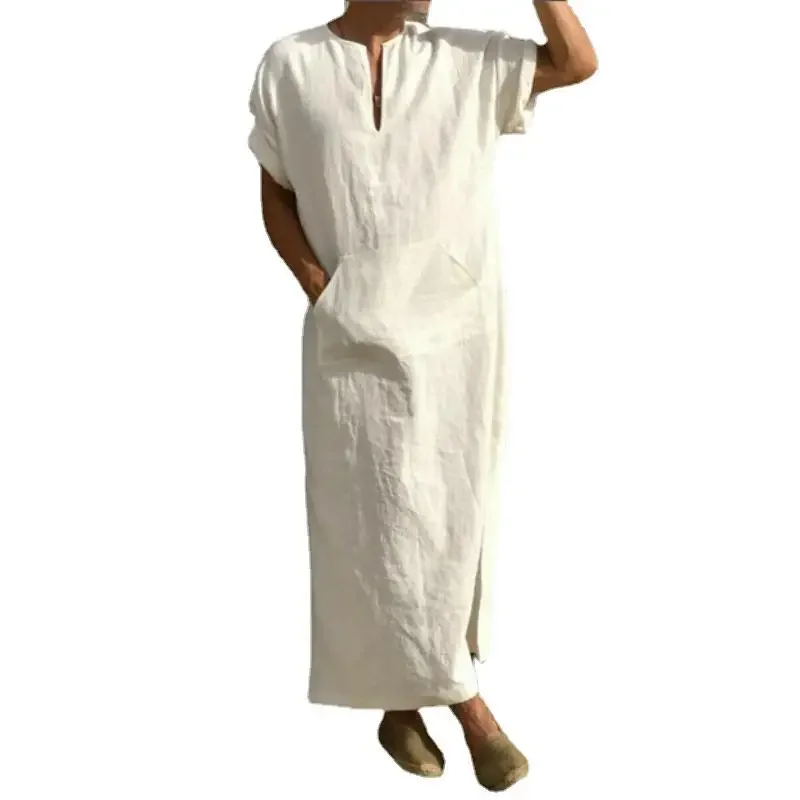 Ew Spring and Summer Models Men Muslim Style Mens Robe Simple Solid All-match Small V-neck Linen Comfortable Short Sleeve Robe Ew Spring and Summer Models Men Muslim Style Mens Robe Simple Solid All-match Small V-neck Linen Comfortable Short Sleeve Robe
