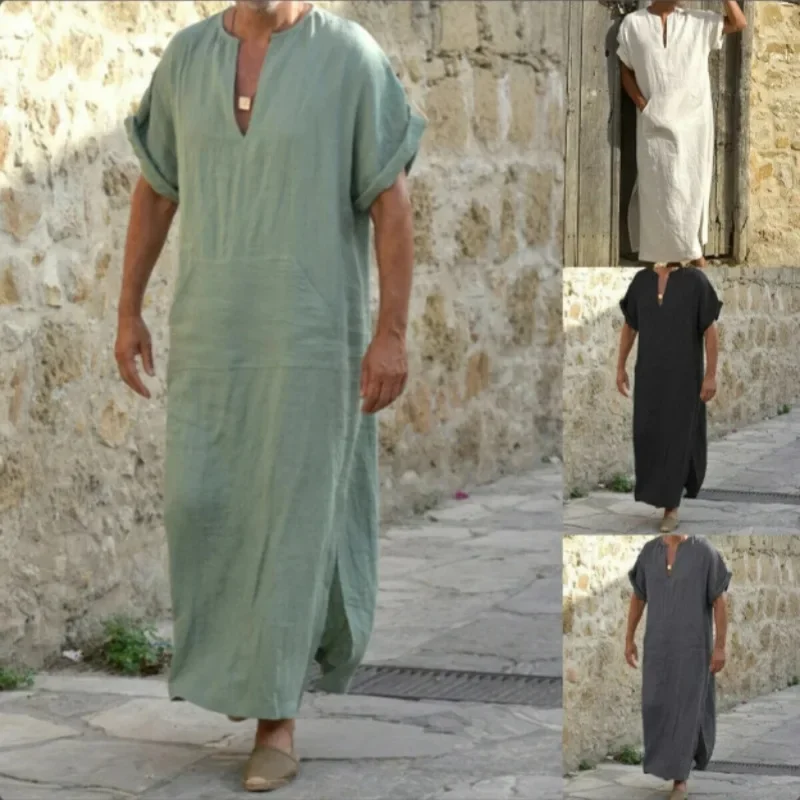 Ew Spring and Summer Models Men Muslim Style Mens Robe Simple Solid All-match Small V-neck Linen Comfortable Short Sleeve Robe Ew Spring and Summer Models Men Muslim Style Mens Robe Simple Solid All-match Small V-neck Linen Comfortable Short Sleeve Robe
