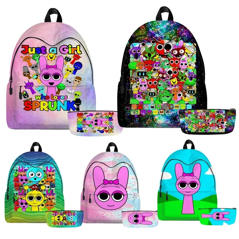 2pcs Sprunki School Backpack for Girls Incredibox Cute School Bags Waterproof Bookbag Teens College Student Travel Shoulder Bag