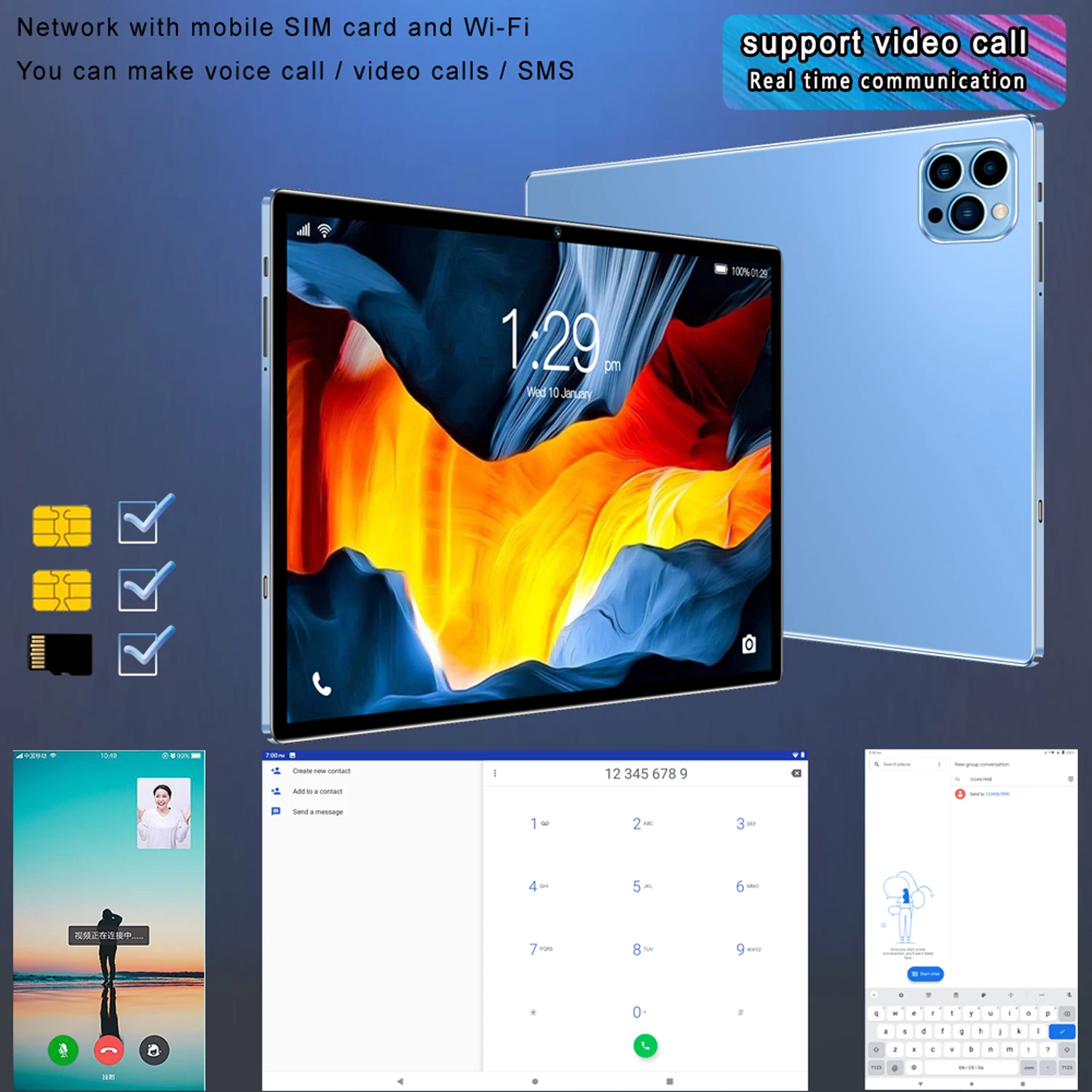 New 10.1 Inch Tablets Octa Core 3G Phone Call Dual SIM Dual Cameras 4+64GB Android 11 Google Play WiFi Bluetooth Global Version