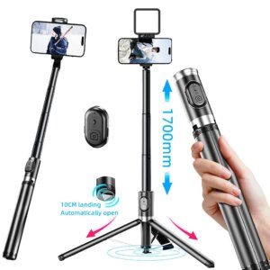 FANGTUOSI 2025 NEW 1.7M All In One Expandable Portable Phone Tripod Selfie Stick With Detachable BT Wireless Remote Compatible