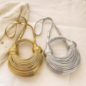 Hot Y2k Handbags For Women Gold Luxury Designer Brand Handwoven Noodle Bags Rope Knotted Pulled Hobo Silver Evening Clutch Chic