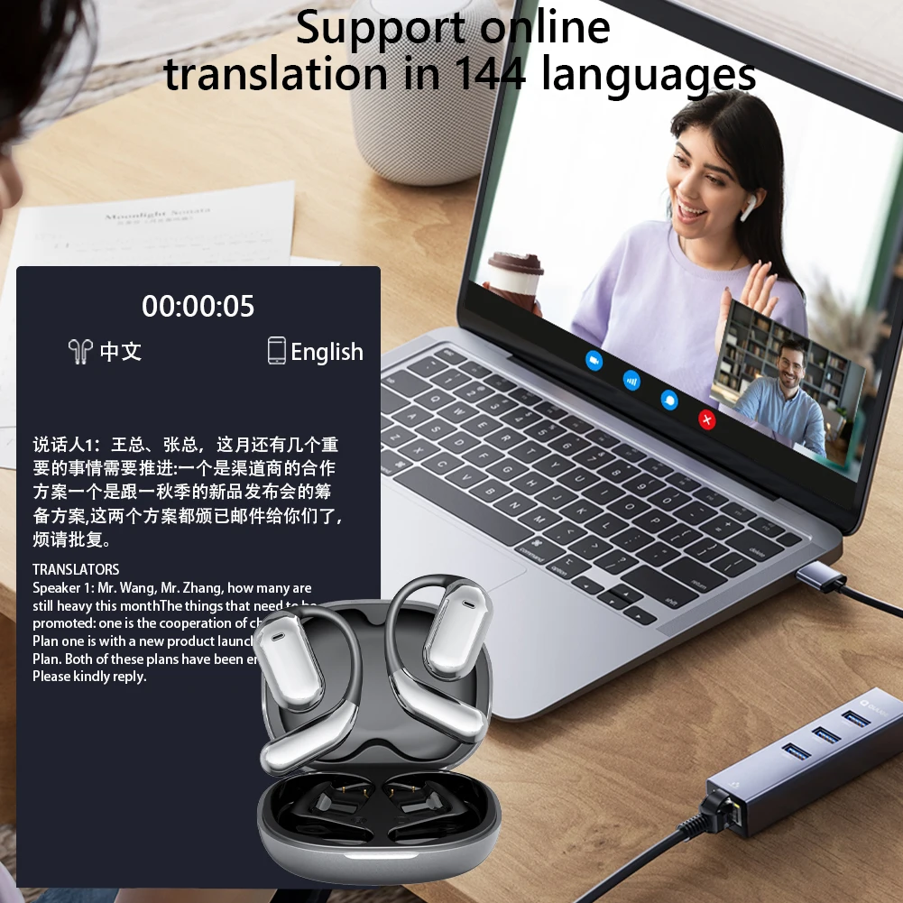 AI Translation Earphones Bluetooth-Compatible 5.4 Real Time Translator Earbuds Waterproof Touch Screen Open Ear Headphones