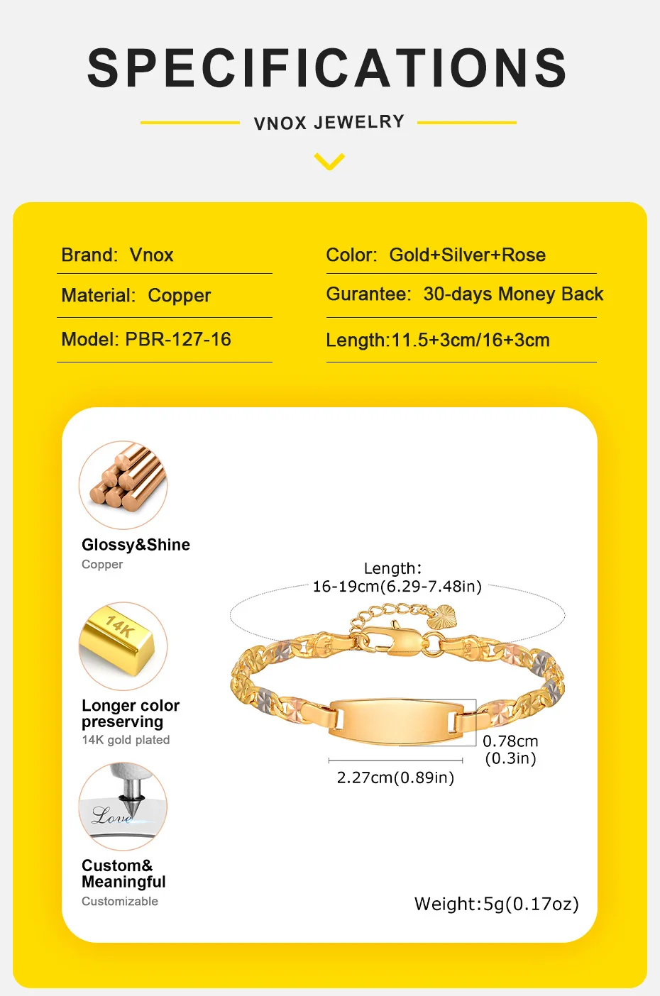 Vnox Free Custom Mom Daughter Son Name Bracelets, Personalized Name Date Text ID Plate Bar Bracelet for Women Girls Gift