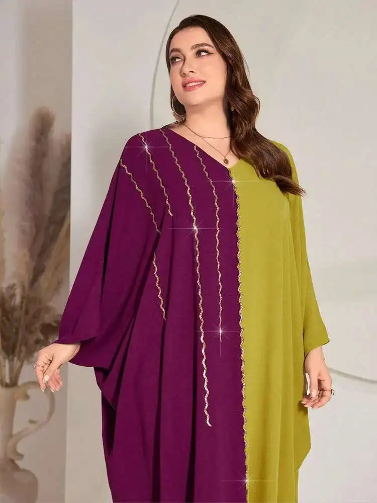 Kyp871 Ice Silk Sticky Diamond Large Size Dress Splicing Fashion Bat Sleeve Banquet Robe Ramadan Dubai Luxury Islam Elegant