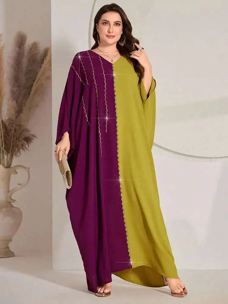 Kyp871 Ice Silk Sticky Diamond Large Size Dress Splicing Fashion Bat Sleeve Banquet Robe Ramadan Dubai Luxury Islam Elegant