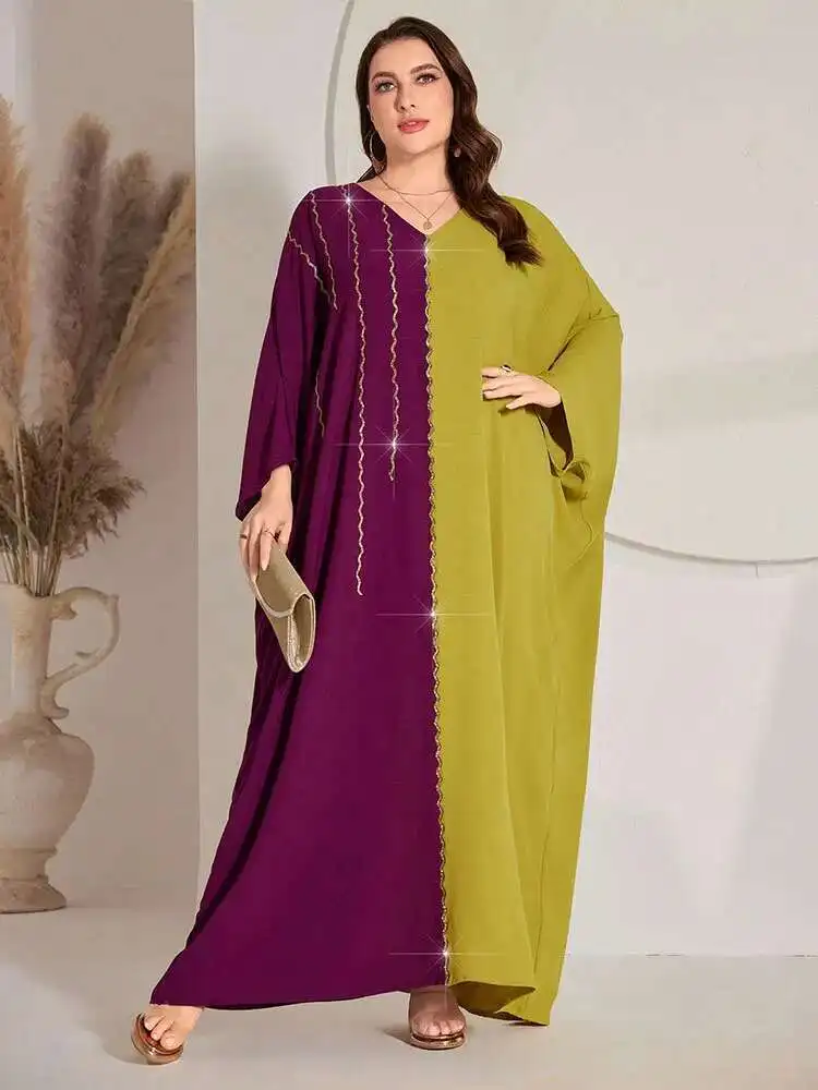 Kyp871 Ice Silk Sticky Diamond Large Size Dress Splicing Fashion Bat Sleeve Banquet Robe Ramadan Dubai Luxury Islam Elegant