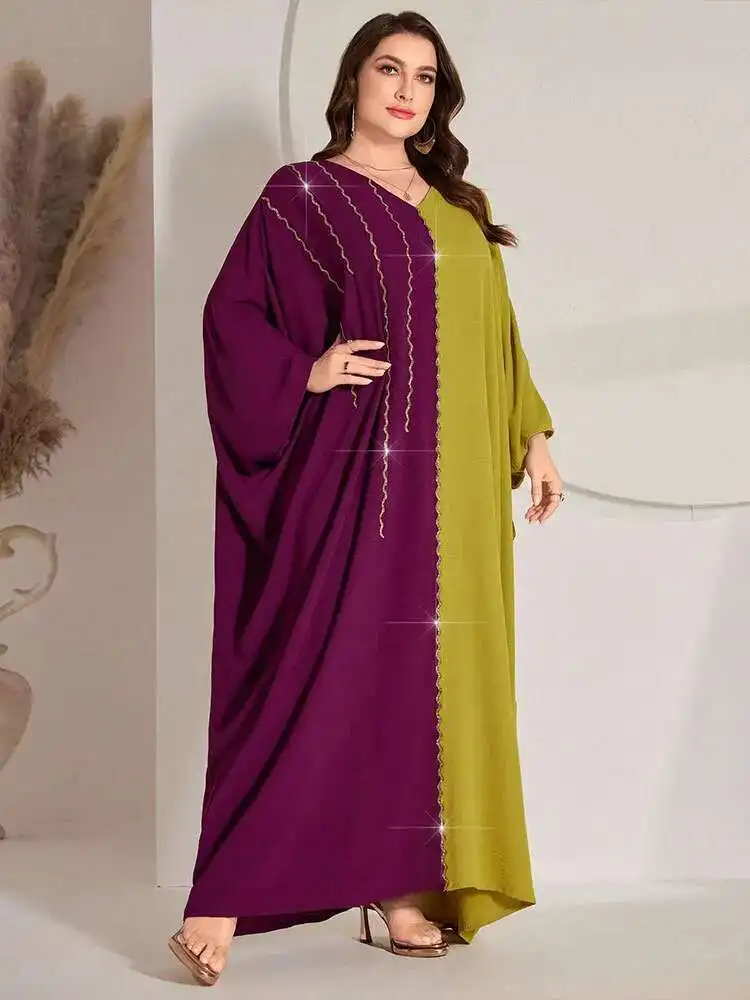 Kyp871 Ice Silk Sticky Diamond Large Size Dress Splicing Fashion Bat Sleeve Banquet Robe Ramadan Dubai Luxury Islam Elegant