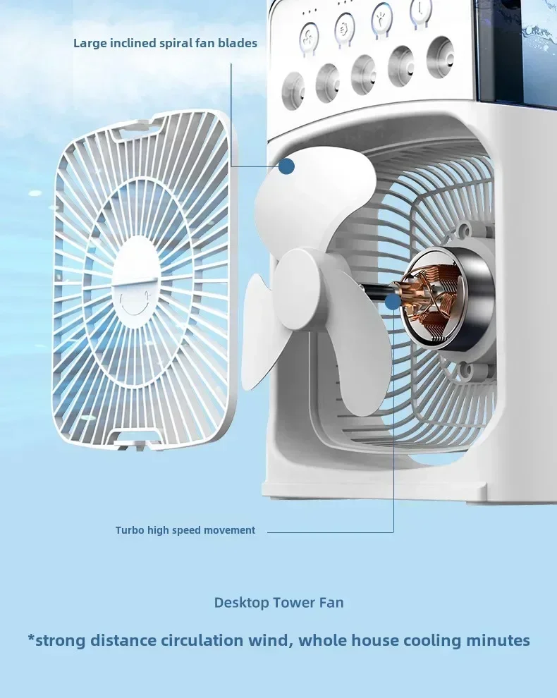 Portable air conditioning fan mini evaporative air cooler with 7 color LED lights 1/2/3 hour timer 3 wind speeds and 3 spray mod