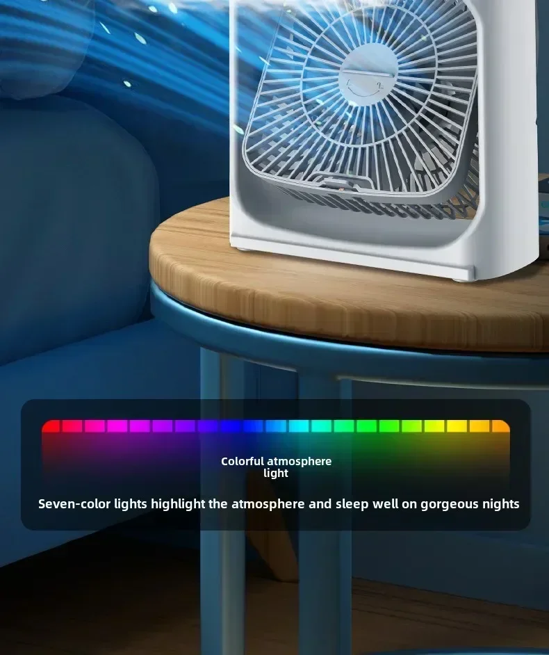 Portable air conditioning fan mini evaporative air cooler with 7 color LED lights 1/2/3 hour timer 3 wind speeds and 3 spray mod