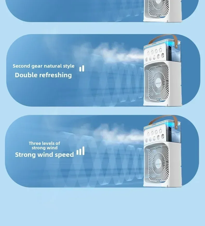 Portable air conditioning fan mini evaporative air cooler with 7 color LED lights 1/2/3 hour timer 3 wind speeds and 3 spray mod