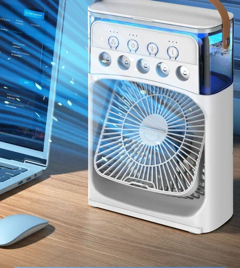 Portable air conditioning fan mini evaporative air cooler with 7 color LED lights 1/2/3 hour timer 3 wind speeds and 3 spray mod