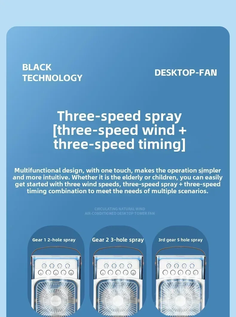 Portable air conditioning fan mini evaporative air cooler with 7 color LED lights 1/2/3 hour timer 3 wind speeds and 3 spray mod