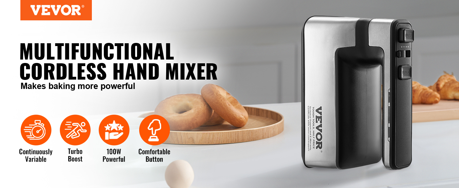 VEVOR Cordless Electric Hand Mixer 100W Continuously Variable Electric Handheld Mixer with Turbo Boost Beaters Dough Storage Bag
