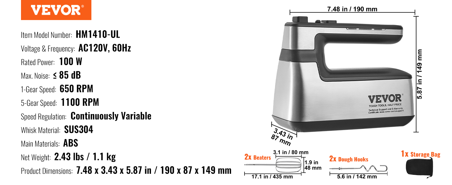 VEVOR Cordless Electric Hand Mixer 100W Continuously Variable Electric Handheld Mixer with Turbo Boost Beaters Dough Storage Bag