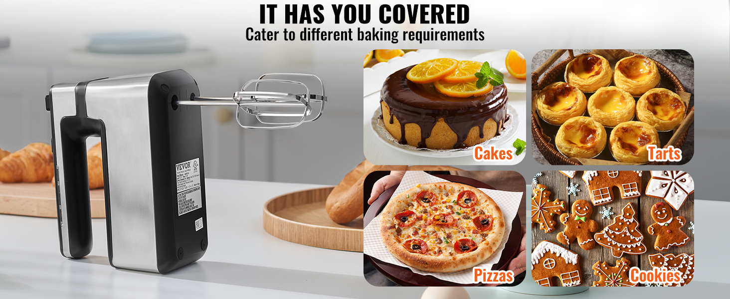 VEVOR Cordless Electric Hand Mixer 100W Continuously Variable Electric Handheld Mixer with Turbo Boost Beaters Dough Storage Bag