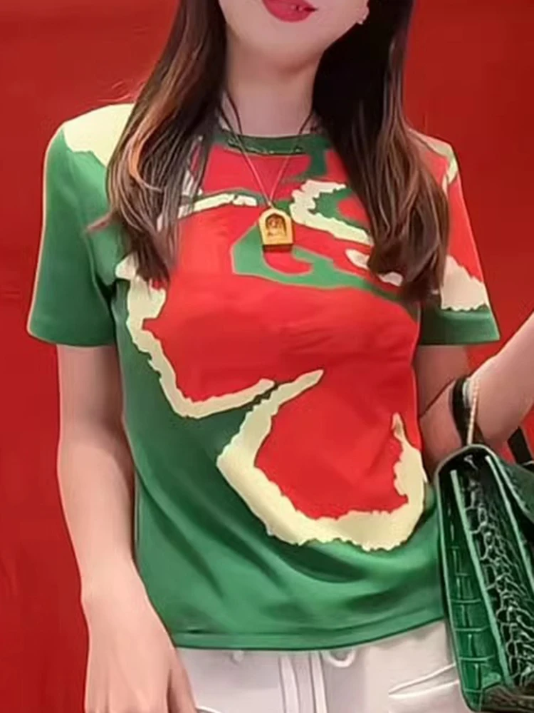 Fashionable unique color blocking printed round neck pure cotton short sleeved t-shirt women summer 2025 new versatile top