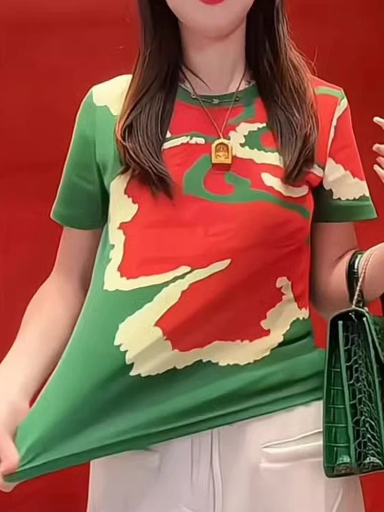 Fashionable unique color blocking printed round neck pure cotton short sleeved t-shirt women summer 2025 new versatile top