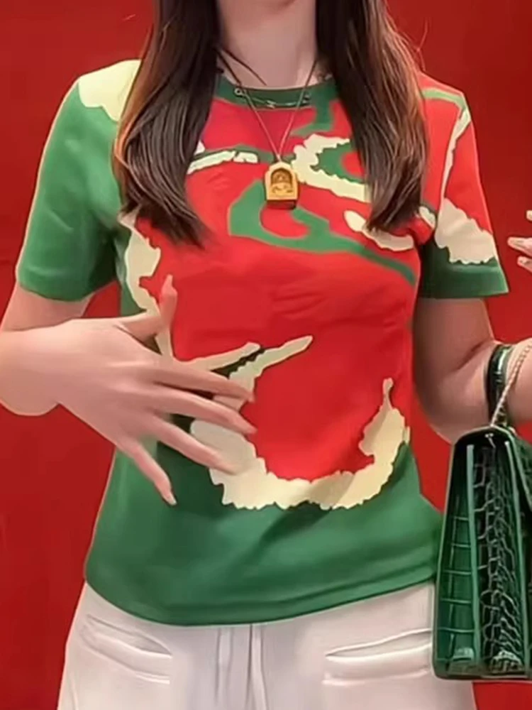 Fashionable unique color blocking printed round neck pure cotton short sleeved t-shirt women summer 2025 new versatile top