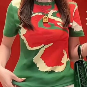 Fashionable unique color blocking printed round neck pure cotton short sleeved t-shirt women summer 2025 new versatile top