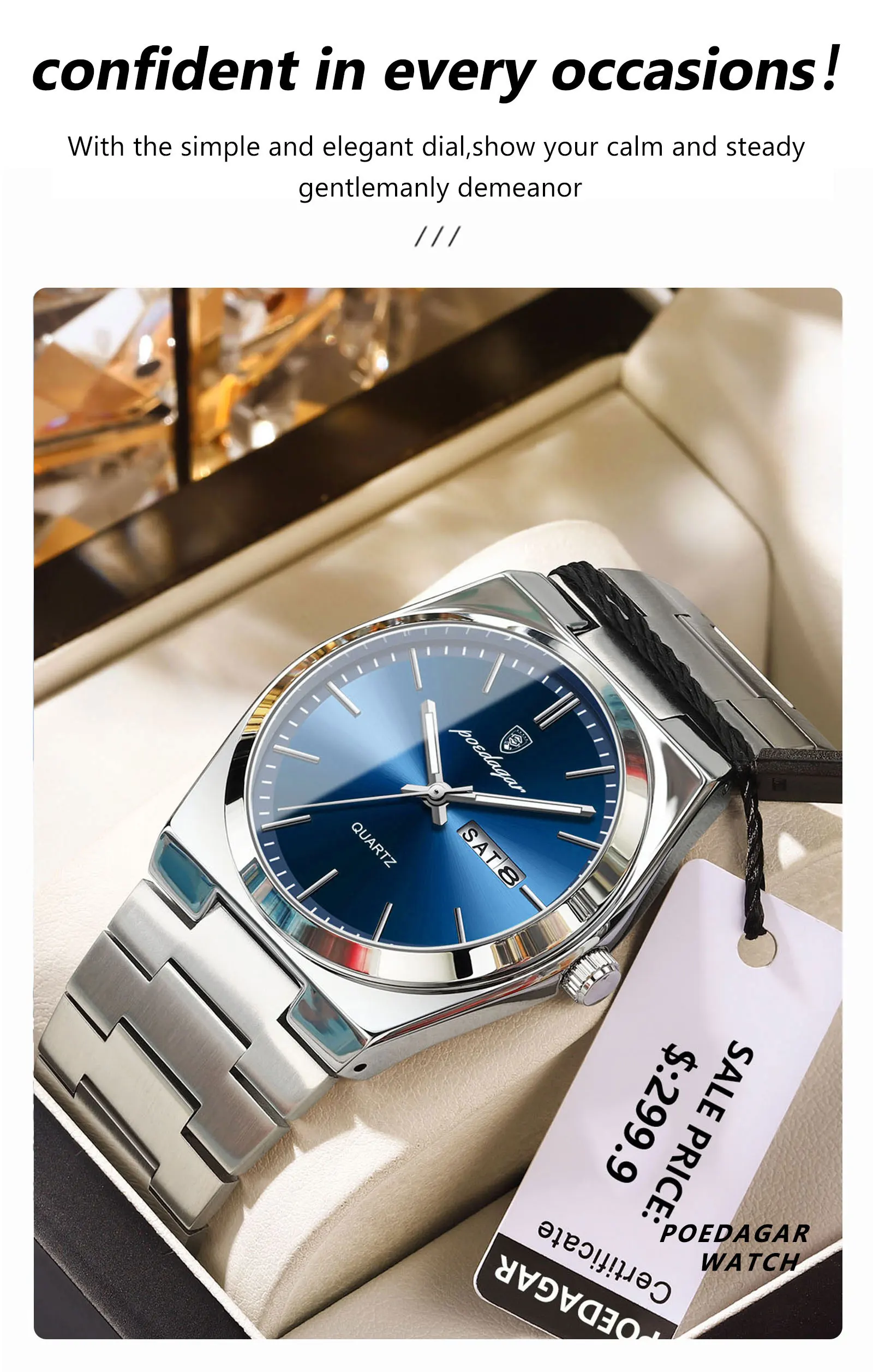 POEDAGAR Luxury Watches For Men Stainless Steel Waterproof Luminous Man Watch Date Week Fashion Casual Men's Quartz Watch Reloj