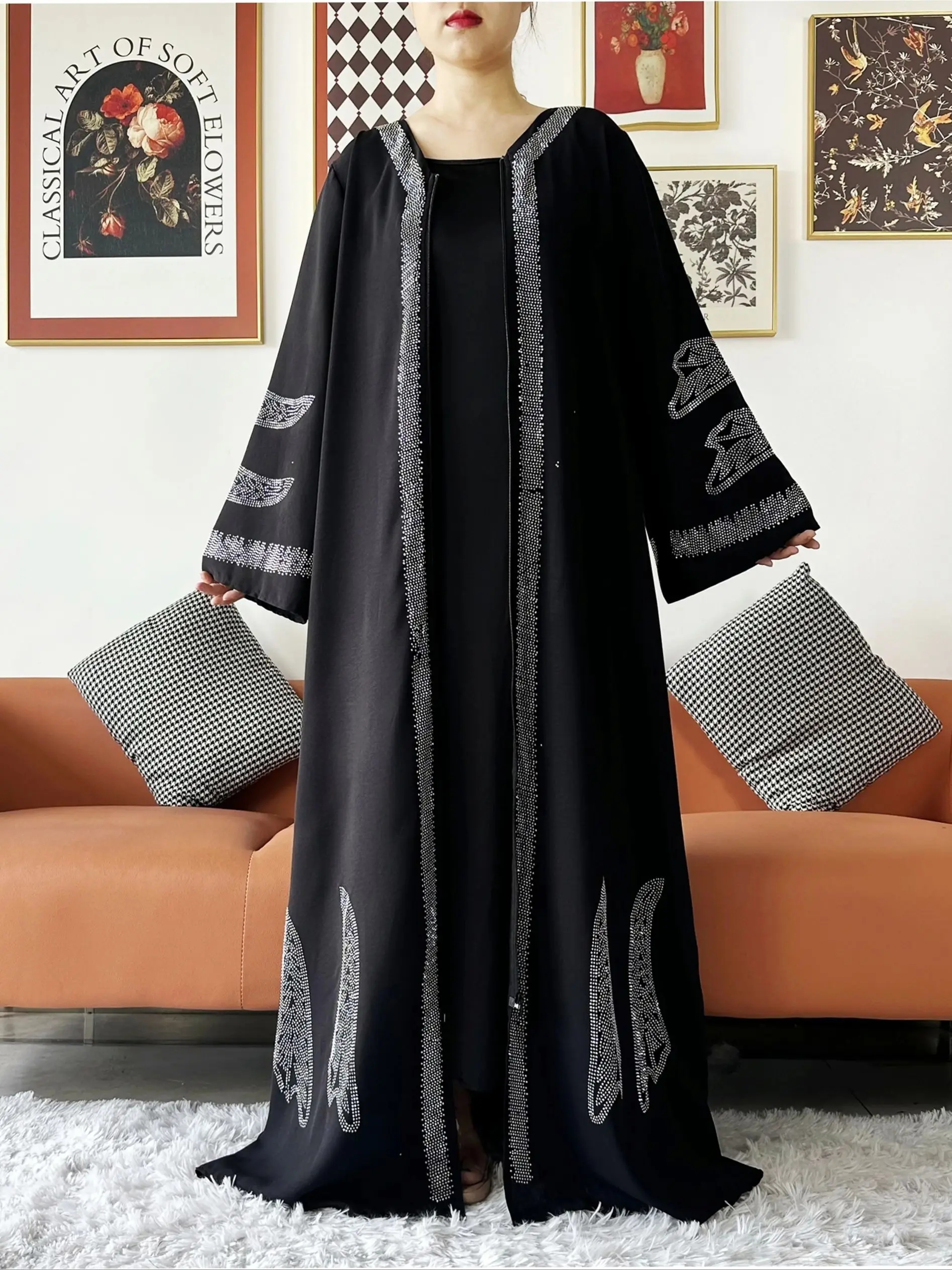 New Women Elegant Dress Chiffon Open Abaya with Zipper Muslim Women Dress Islamic Clothing Cardigan Abaya Women Muslim Dress