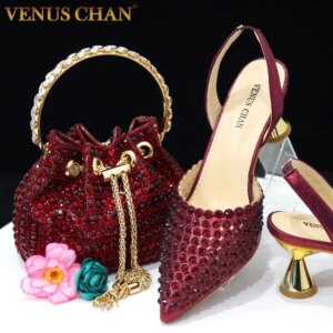 Venus Chan Pointed Toe Heels for Women 2023 Elegant Party Wine Color Full Diamond Pumps Italian Shoes and Bags Matching Set