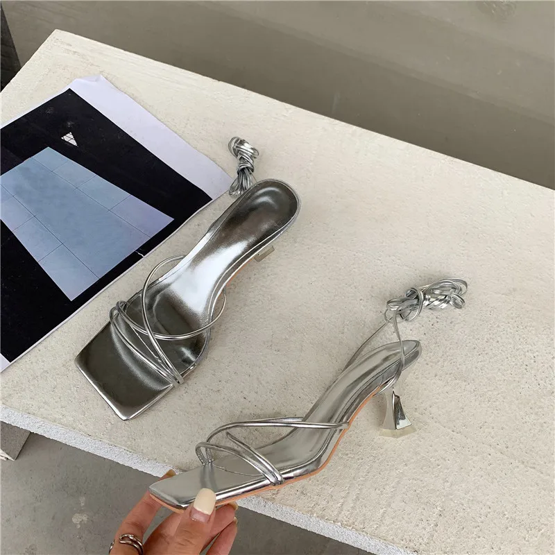 Eilyken Fashion Gold Silver Sandals Thin Low Heel Lace Up Rome Summer Gladiator Women Casual Narrow Band Shoes