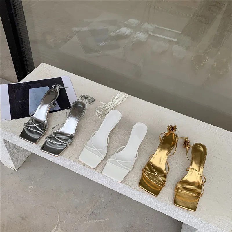 Eilyken Fashion Gold Silver Sandals Thin Low Heel Lace Up Rome Summer Gladiator Women Casual Narrow Band Shoes