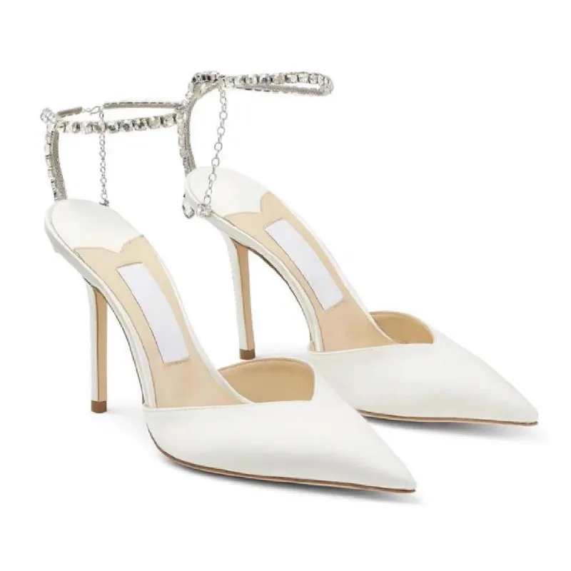 New Design White Satin High Heels Female Rhinestone Pointed Toe Sandals Bridesmaid Bride Wedding Shoes Party Pumps