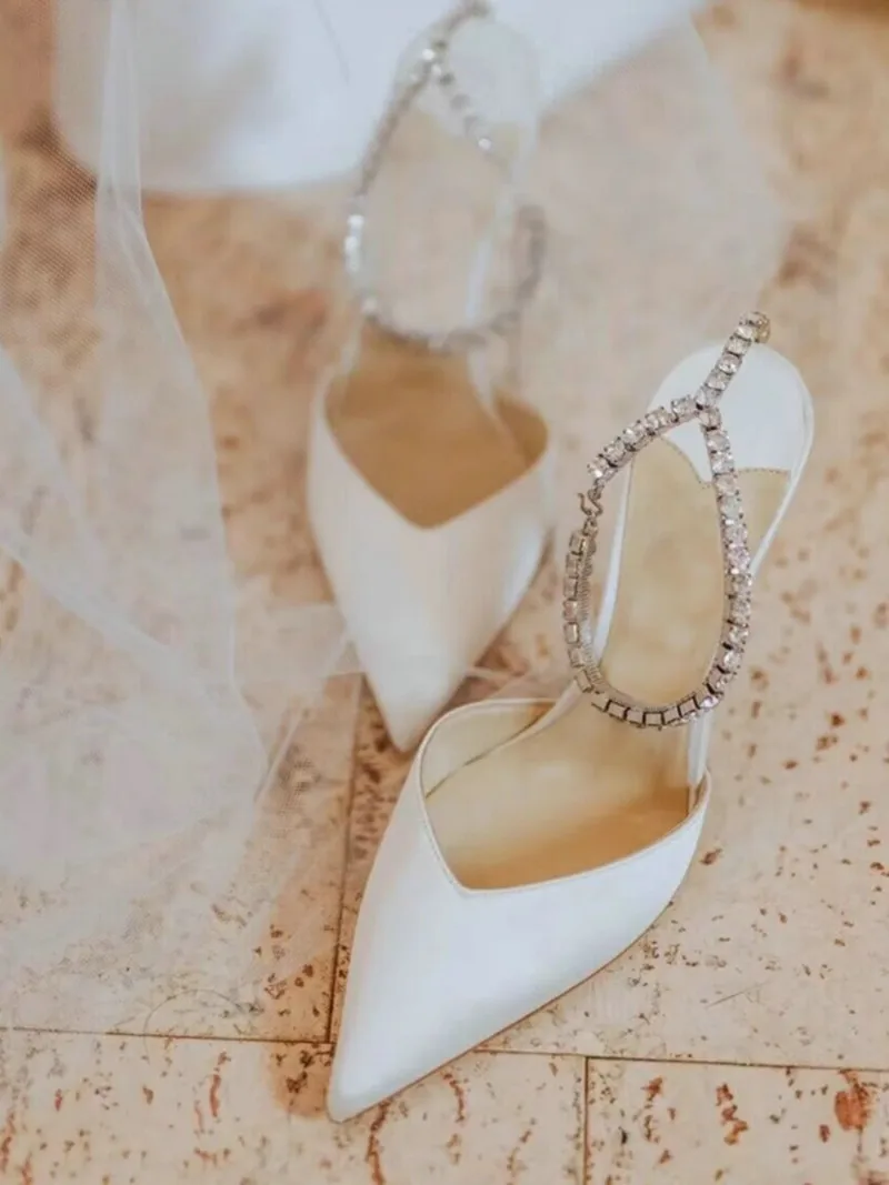 New Design White Satin High Heels Female Rhinestone Pointed Toe Sandals Bridesmaid Bride Wedding Shoes Party Pumps