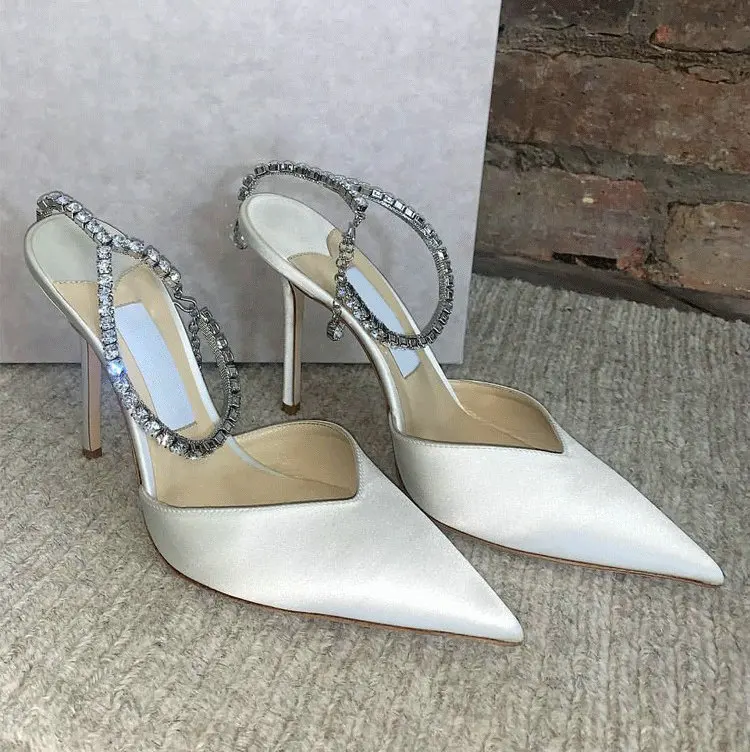 New Design White Satin High Heels Female Rhinestone Pointed Toe Sandals Bridesmaid Bride Wedding Shoes Party Pumps