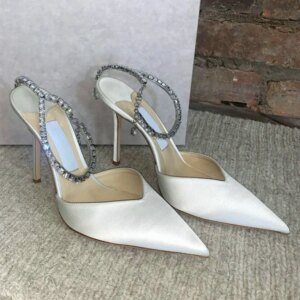 New Design White Satin High Heels Female Rhinestone Pointed Toe Sandals Bridesmaid Bride Wedding Shoes Party Pumps